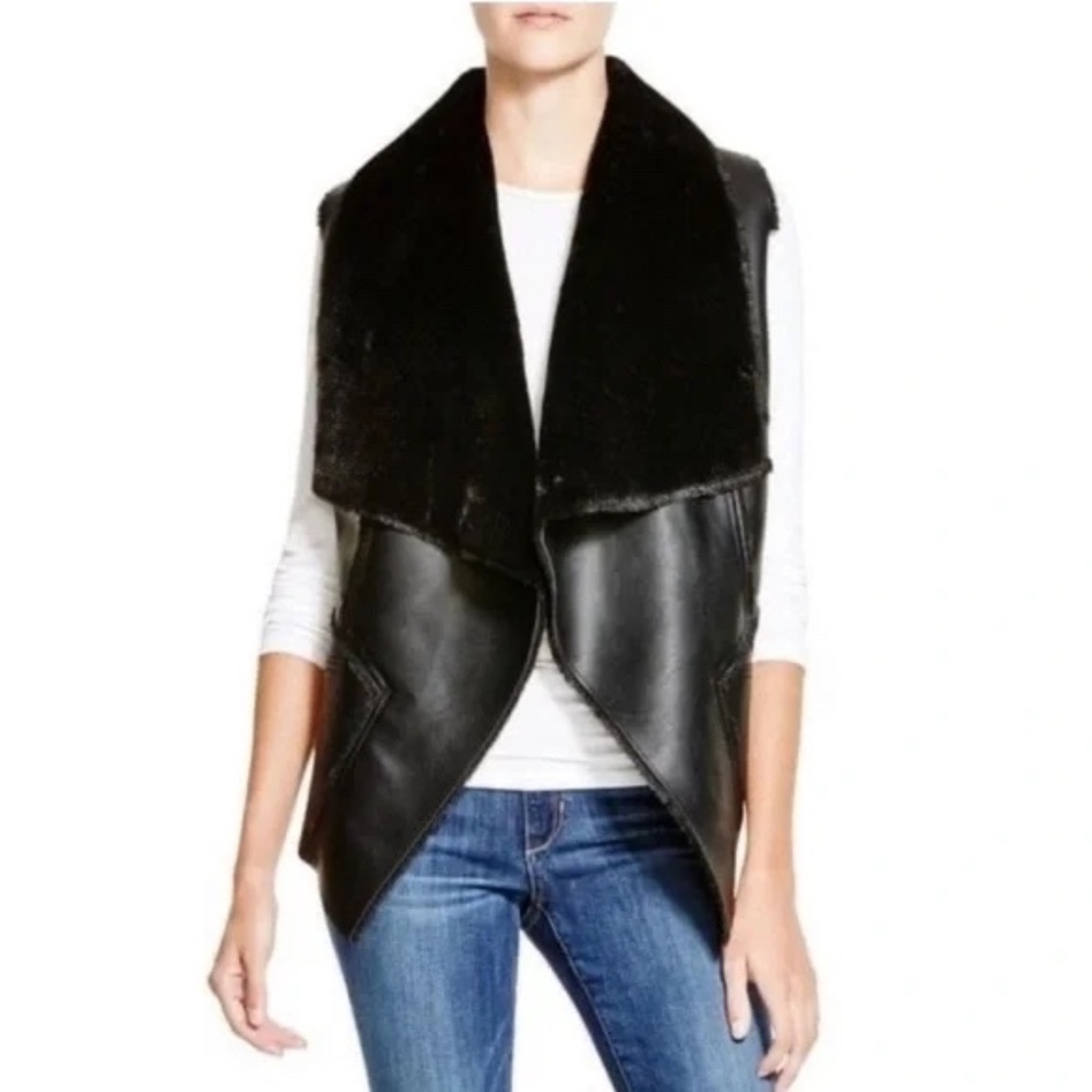 Blank NYC Black Faux Leather + Fur Collar Open Front Vest